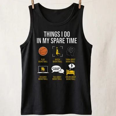 Minimalist Basketball shirt with playful typography in orange, yellow, black, and white — printed on a tank top