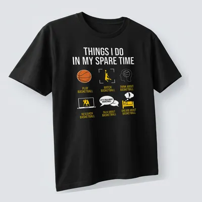 Minimalist Basketball shirt with playful typography in orange, yellow, black, and white — printed on a unisex t-shirt (angled view)