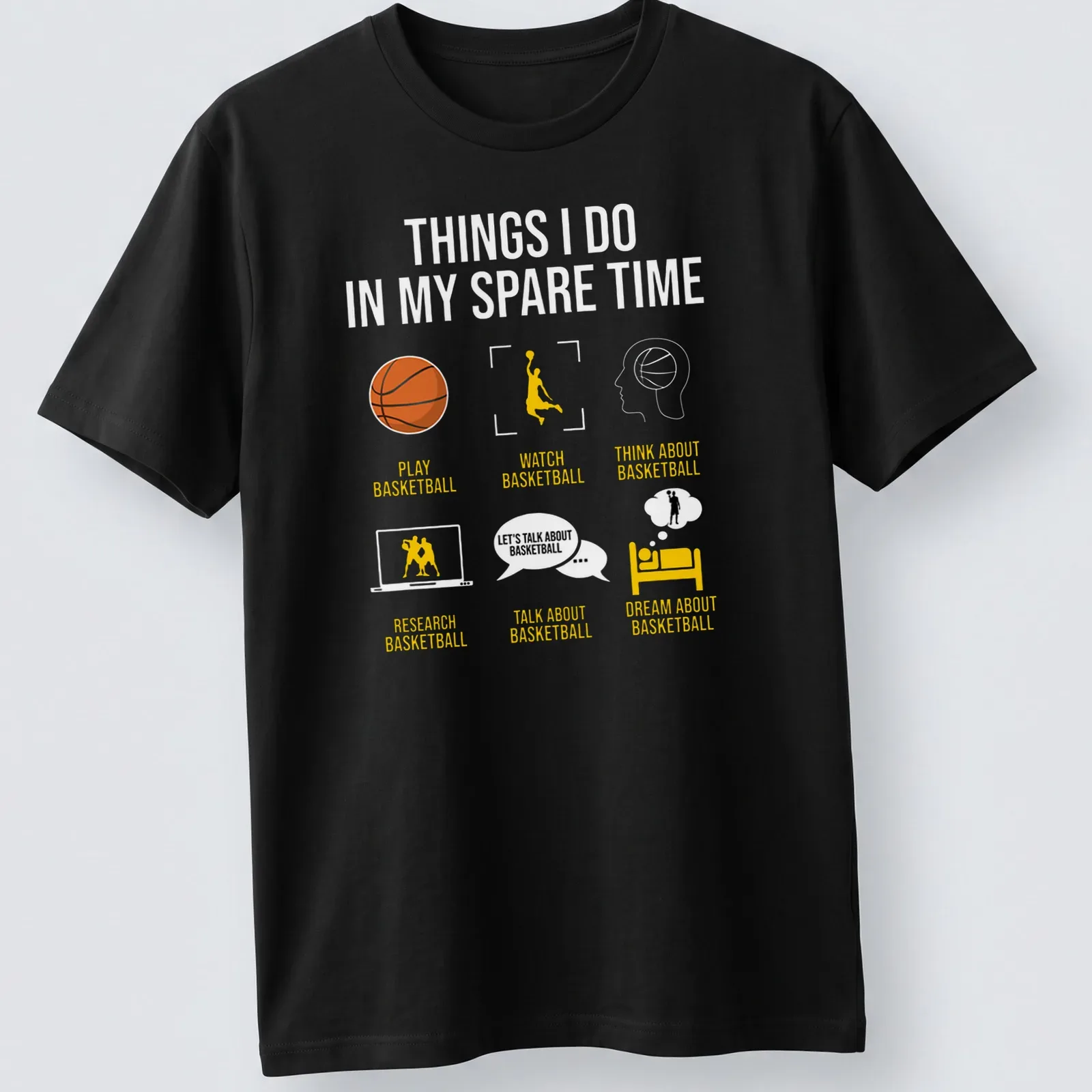 Minimalist Basketball shirt with playful typography in orange, yellow, black, and white — printed on a unisex t-shirt