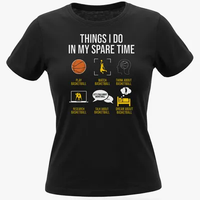 Minimalist Basketball shirt with playful typography in orange, yellow, black, and white — printed on a women's shirt