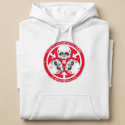 Distressed T-shirt featuring three skulls and the text Thirty Seconds to Mars A Beautiful Lie — printed on a unisex hoodie