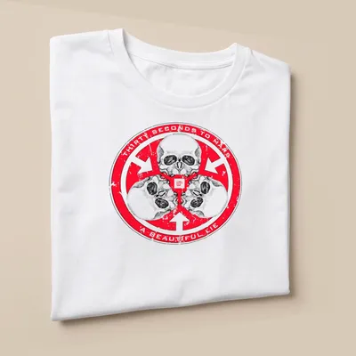 Distressed T-shirt featuring three skulls and the text Thirty Seconds to Mars A Beautiful Lie — printed on a unisex t-shirt (angled view)