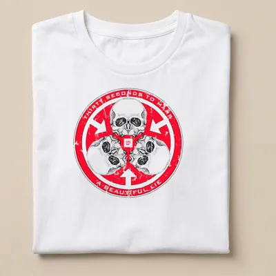Distressed T-shirt featuring three skulls and the text Thirty Seconds to Mars A Beautiful Lie — printed on a unisex t-shirt