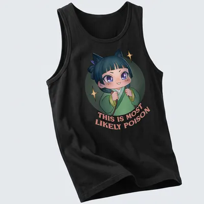 Kawaii character t-shirt with playful text 'THIS IS MOST LIKELY POISON' in vibrant colors — printed on a tank top