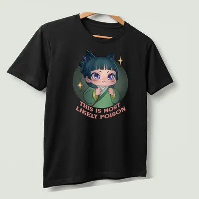 Kawaii character t-shirt with playful text 'THIS IS MOST LIKELY POISON' in vibrant colors — printed on a unisex t-shirt (angled view)