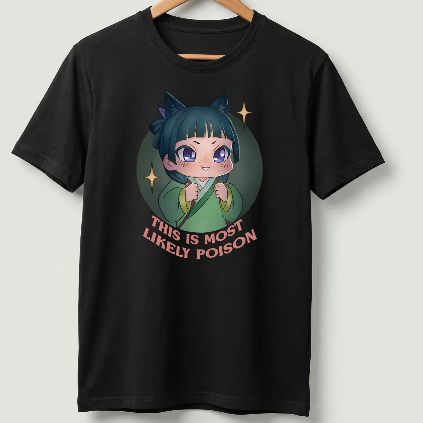 Kawaii character t-shirt with playful text 'THIS IS MOST LIKELY POISON' in vibrant colors — printed on a unisex t-shirt