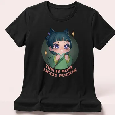 Kawaii character t-shirt with playful text 'THIS IS MOST LIKELY POISON' in vibrant colors — printed on a women's shirt
