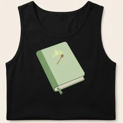 Illustration of a book with a crown and spoon in green, yellow, and brown — printed on a tank top
