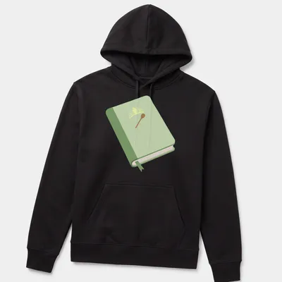 Illustration of a book with a crown and spoon in green, yellow, and brown — printed on a unisex hoodie