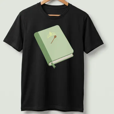 Illustration of a book with a crown and spoon in green, yellow, and brown