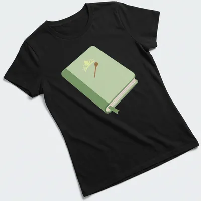 Illustration of a book with a crown and spoon in green, yellow, and brown — printed on a women's shirt
