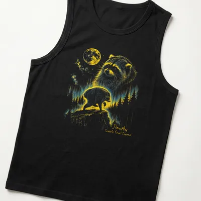 Retro T-shirt featuring a raccoon under a crescent moon with playful text. — printed on a tank top
