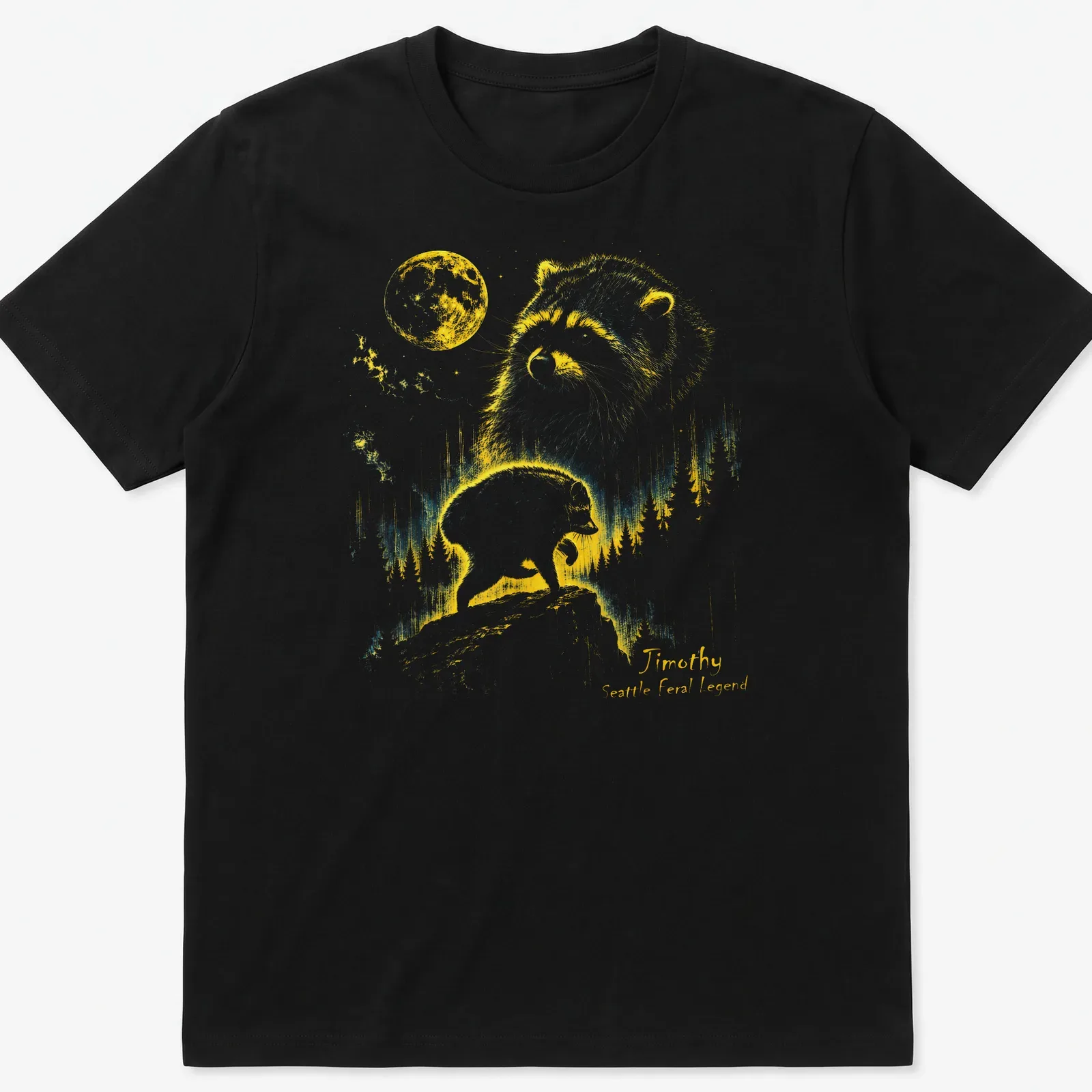 Retro T-shirt featuring a raccoon under a crescent moon with playful text. — printed on a unisex t-shirt