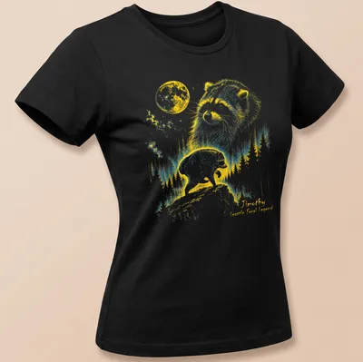 Retro T-shirt featuring a raccoon under a crescent moon with playful text. — printed on a women's shirt