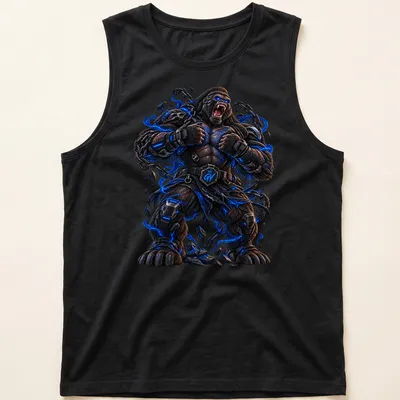 Cyberpunk-style illustration of a Titan Gorilla in black, blue, and gray — printed on a tank top