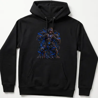 Cyberpunk-style illustration of a Titan Gorilla in black, blue, and gray — printed on a unisex hoodie