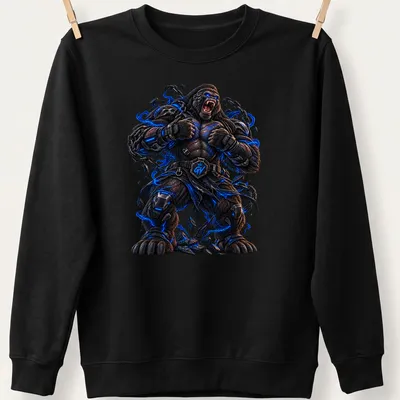 Cyberpunk-style illustration of a Titan Gorilla in black, blue, and gray — printed on a unisex sweatshirt