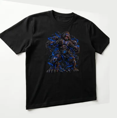 Cyberpunk-style illustration of a Titan Gorilla in black, blue, and gray — printed on a unisex t-shirt (angled view)