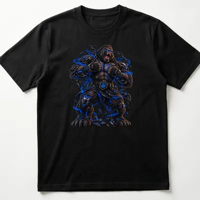 Cyberpunk-style illustration of a Titan Gorilla in black, blue, and gray — printed on a unisex t-shirt