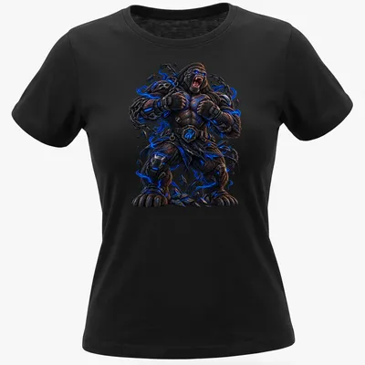 Cyberpunk-style illustration of a Titan Gorilla in black, blue, and gray — printed on a women's shirt
