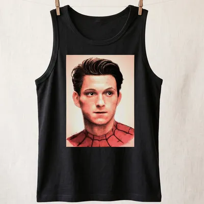 Realistic portrait of Spider-Man featuring red, black, and skin tones — printed on a tank top