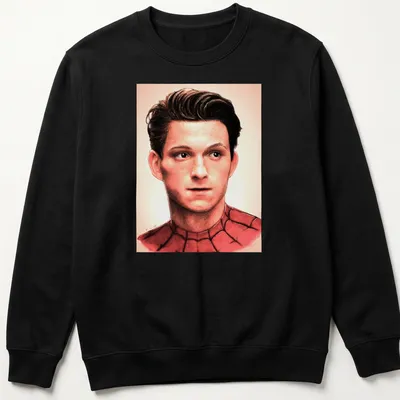 Realistic portrait of Spider-Man featuring red, black, and skin tones — printed on a unisex sweatshirt