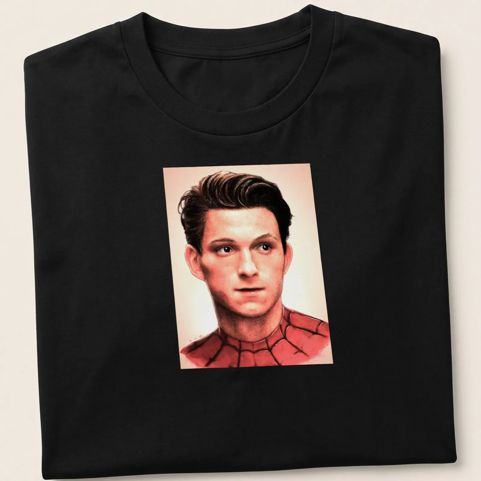 Realistic portrait of Spider-Man featuring red, black, and skin tones — printed on a unisex t-shirt