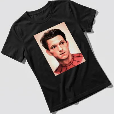 Realistic portrait of Spider-Man featuring red, black, and skin tones — printed on a women's shirt