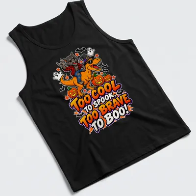 Colorful cartoon design of a werewolf riding a dinosaur with fun text — printed on a tank top