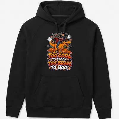 Colorful cartoon design of a werewolf riding a dinosaur with fun text — printed on a unisex hoodie