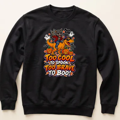 Colorful cartoon design of a werewolf riding a dinosaur with fun text — printed on a unisex sweatshirt