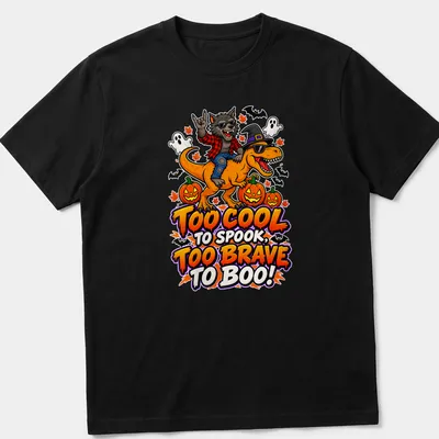 Colorful cartoon design of a werewolf riding a dinosaur with fun text
