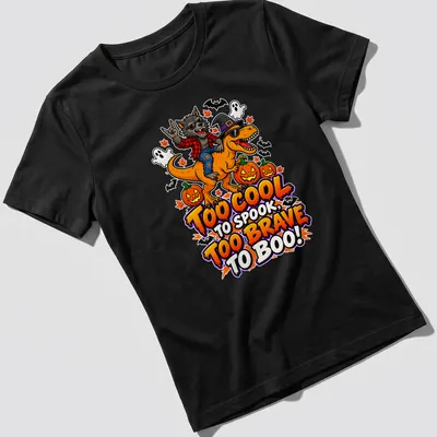 Colorful cartoon design of a werewolf riding a dinosaur with fun text — printed on a women's shirt