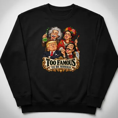 Colorful caricature of four famous personalities with text Too Famous To Be Serious — printed on a unisex sweatshirt