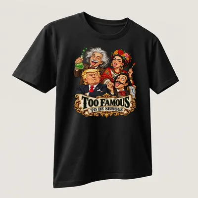Colorful caricature of four famous personalities with text Too Famous To Be Serious — printed on a unisex t-shirt (angled view)