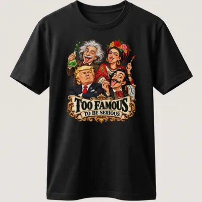 Colorful caricature of four famous personalities with text Too Famous To Be Serious — printed on a unisex t-shirt