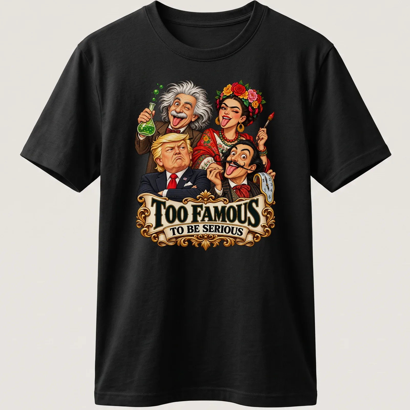 Colorful caricature of four famous personalities with text Too Famous To Be Serious — printed on a unisex t-shirt