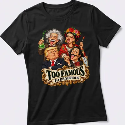 Colorful caricature of four famous personalities with text Too Famous To Be Serious — printed on a women's shirt