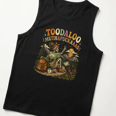 Vintage retro T-shirt with a humorous skeleton hiking illustration and text. — printed on a tank top