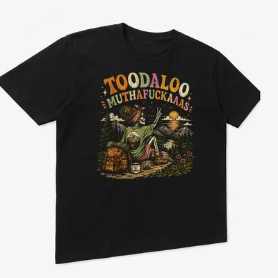 Vintage retro T-shirt with a humorous skeleton hiking illustration and text. — printed on a unisex t-shirt (angled view)