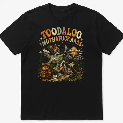 Vintage retro T-shirt with a humorous skeleton hiking illustration and text.
