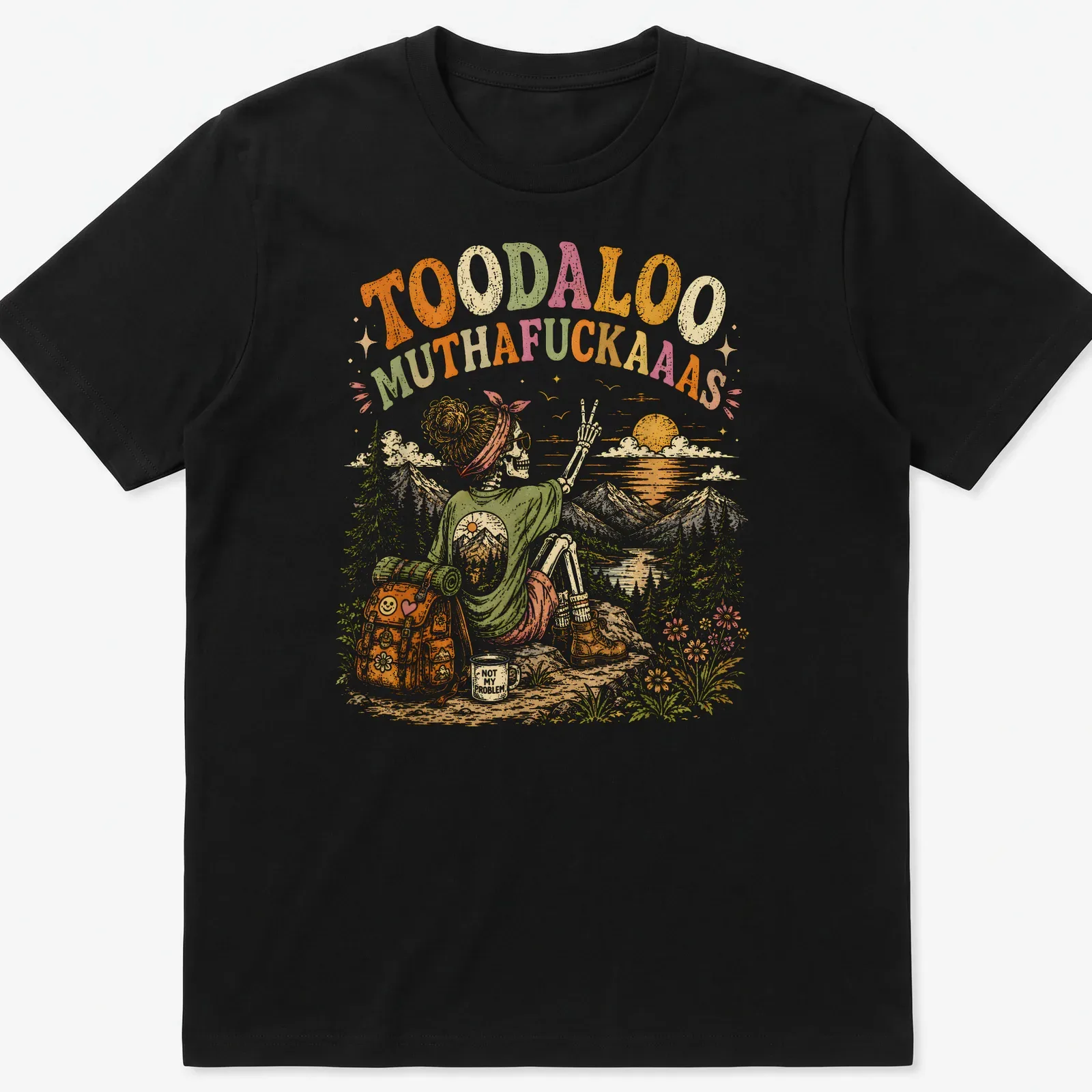 Vintage retro T-shirt with a humorous skeleton hiking illustration and text. — printed on a unisex t-shirt