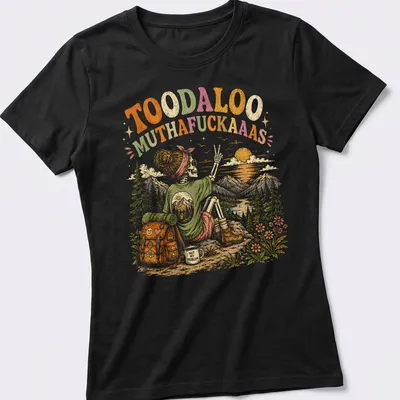 Vintage retro T-shirt with a humorous skeleton hiking illustration and text. — printed on a women's shirt