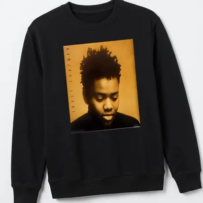 Photographic portrait of Tracy Chapman with her name beneath in bold lettering — printed on a unisex sweatshirt
