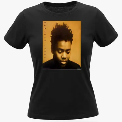 Photographic portrait of Tracy Chapman with her name beneath in bold lettering — printed on a women's shirt