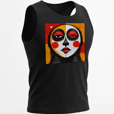 Tribal mask design in abstract geometric style with red, black, yellow, and white. — printed on a tank top