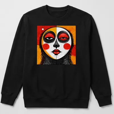 Tribal mask design in abstract geometric style with red, black, yellow, and white. — printed on a unisex sweatshirt