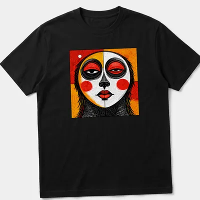 Tribal mask design in abstract geometric style with red, black, yellow, and white.