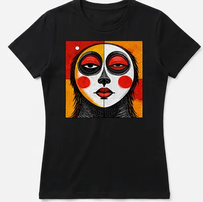 Tribal mask design in abstract geometric style with red, black, yellow, and white. — printed on a women's shirt
