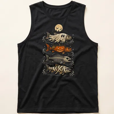 Illustrative trout ghost with pumpkins and skeletons for Halloween — printed on a tank top